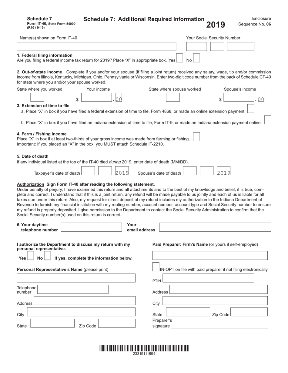 Form IT-40 (State Form 54000) Schedule 7 Additional Required Information - Indiana, Page 1