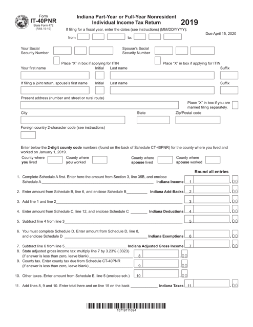 Form IT-40PNR (State Form 472) 2019 Printable Pdf