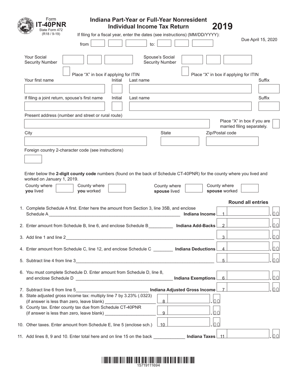 Form IT-40PNR (State Form 472) Indiana Part-Year or Full-Year Nonresident Individual Income Tax Return - Indiana, Page 1