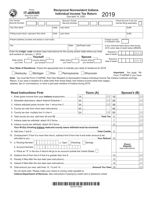 Form IT-40RNR (State Form 44406) 2019 Printable Pdf