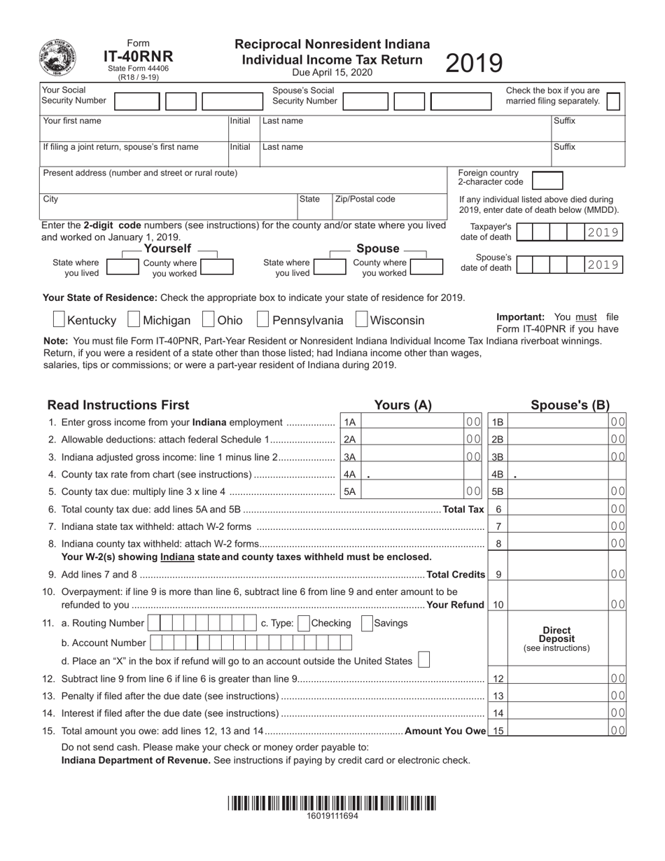 Form IT-40RNR (State Form 44406) Reciprocal Nonresident Indiana Individual Income Tax Return - Indiana, Page 1