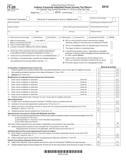 Form IT-20 (State Form 44275) 2019 Printable Pdf