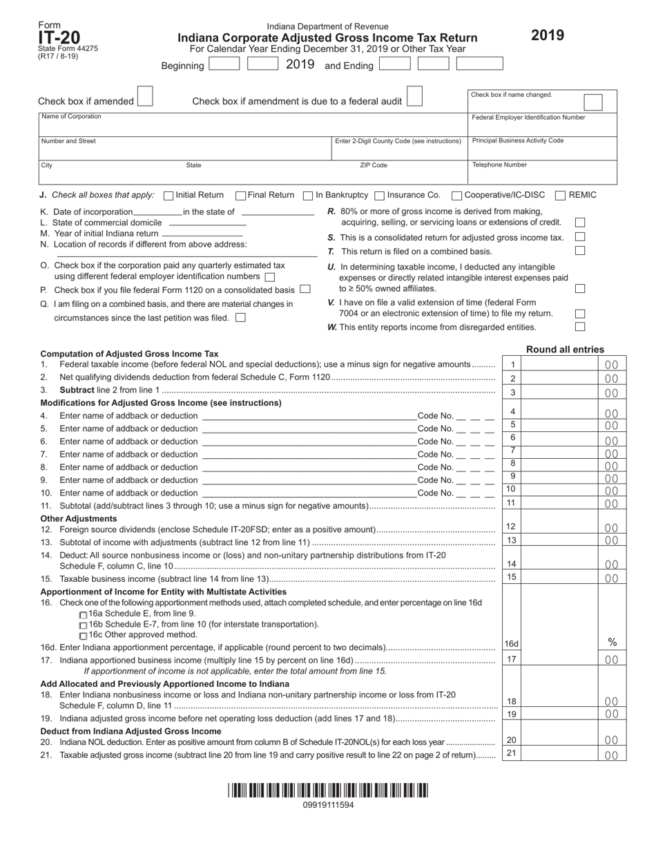 Form IT-20 (State Form 44275) Indiana Corporate Adjusted Gross Income Tax Return - Indiana, Page 1