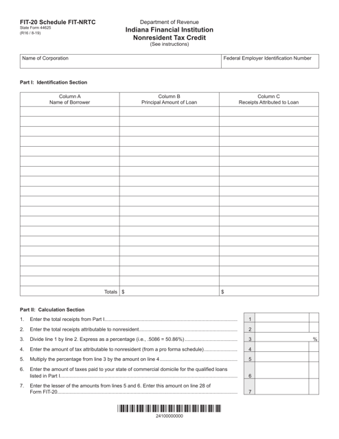 Form FIT-20 (State Form 44625) Schedule FIT-NRTC  Printable Pdf