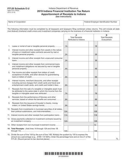 Form FIT-20 (State Form 44622) Schedule E-U 2019 Printable Pdf