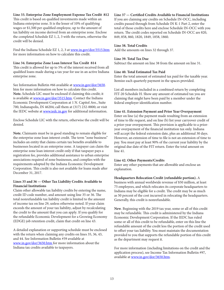 Instructions for Form FIT-20, State Form 44623 Financial Institution Tax Return - Indiana, Page 13
