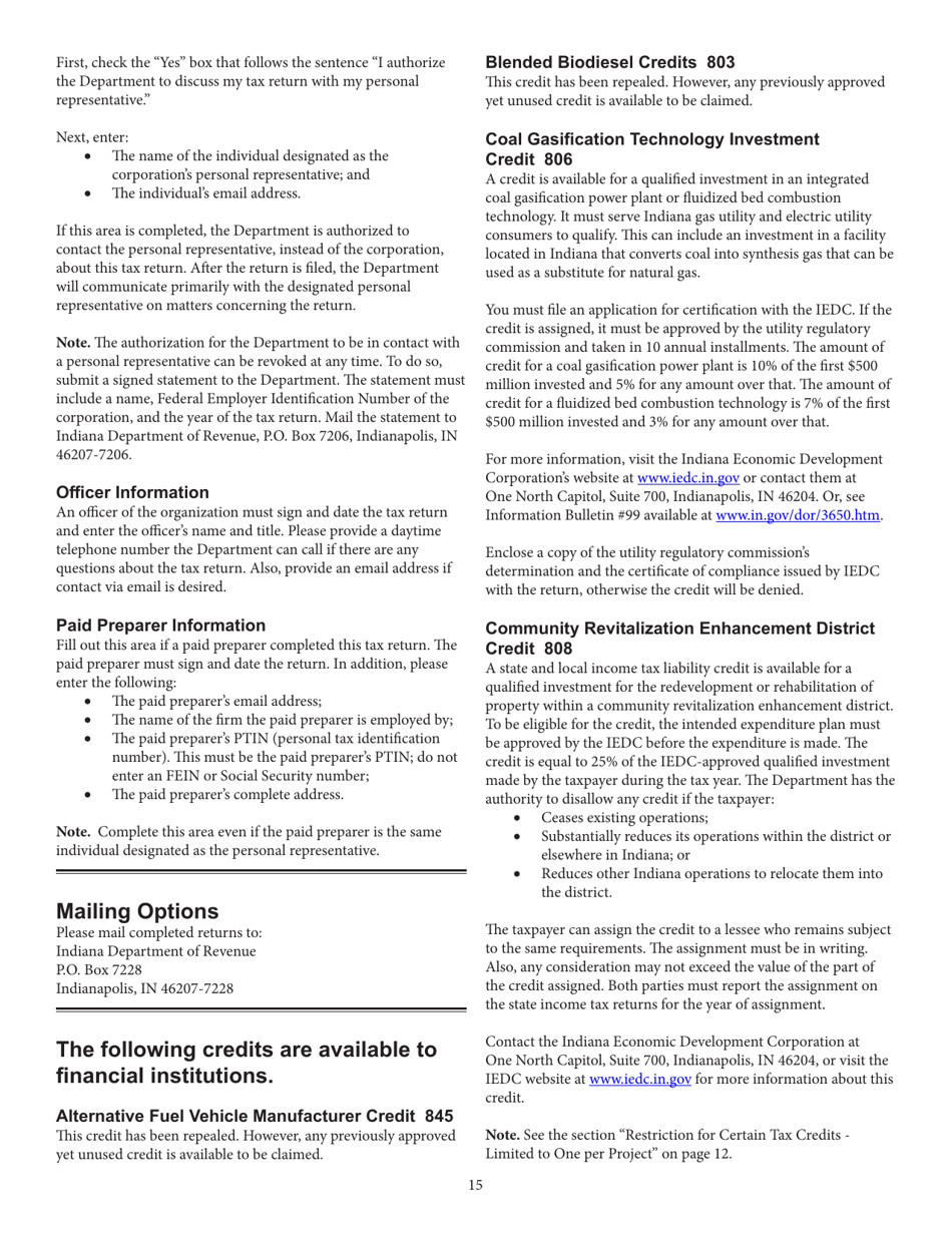 Instructions for Form FIT-20, State Form 44623 Financial Institution Tax Return - Indiana, Page 15