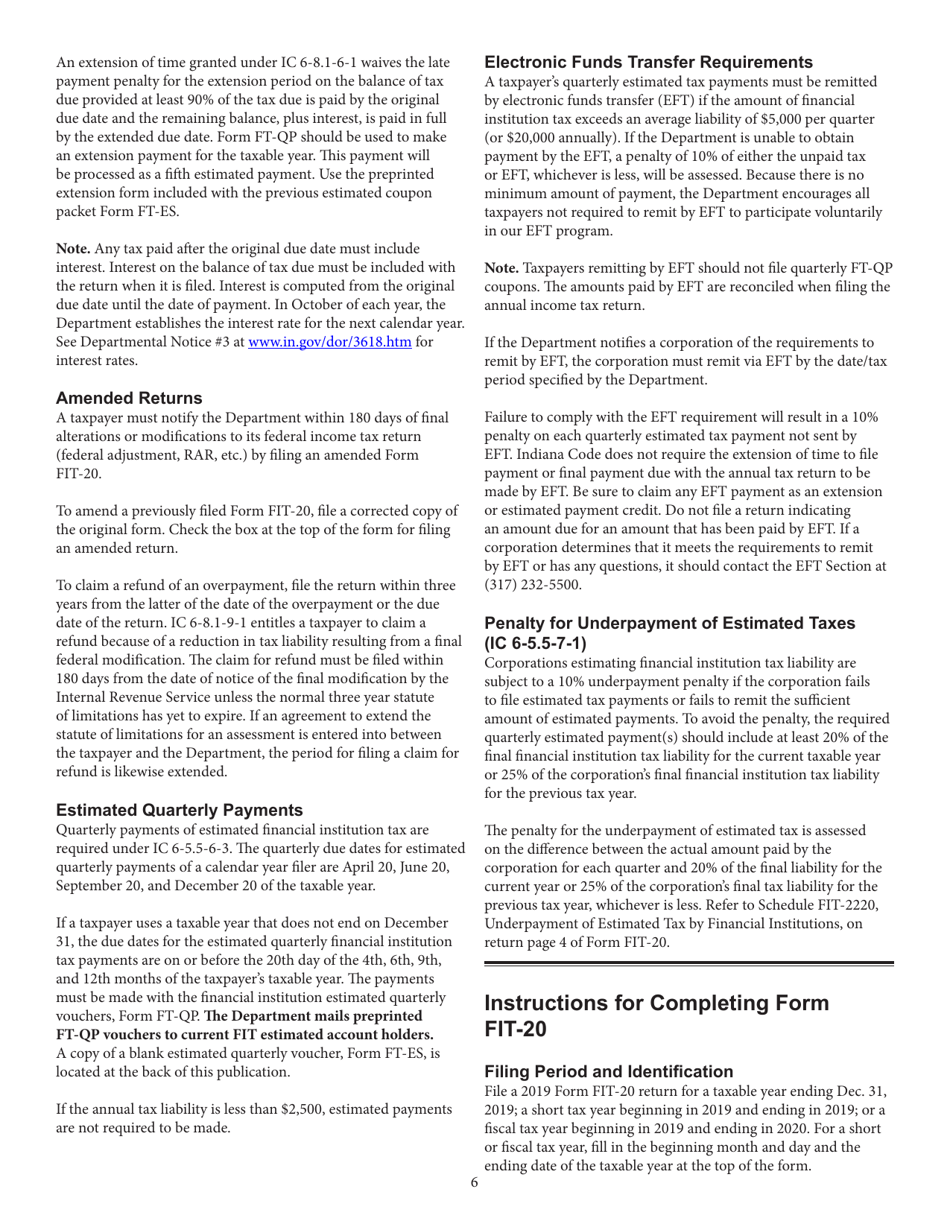 Instructions for Form FIT-20, State Form 44623 Financial Institution Tax Return - Indiana, Page 6
