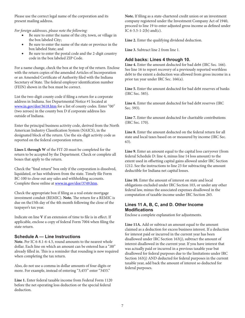 Instructions for Form FIT-20, State Form 44623 Financial Institution Tax Return - Indiana, Page 7