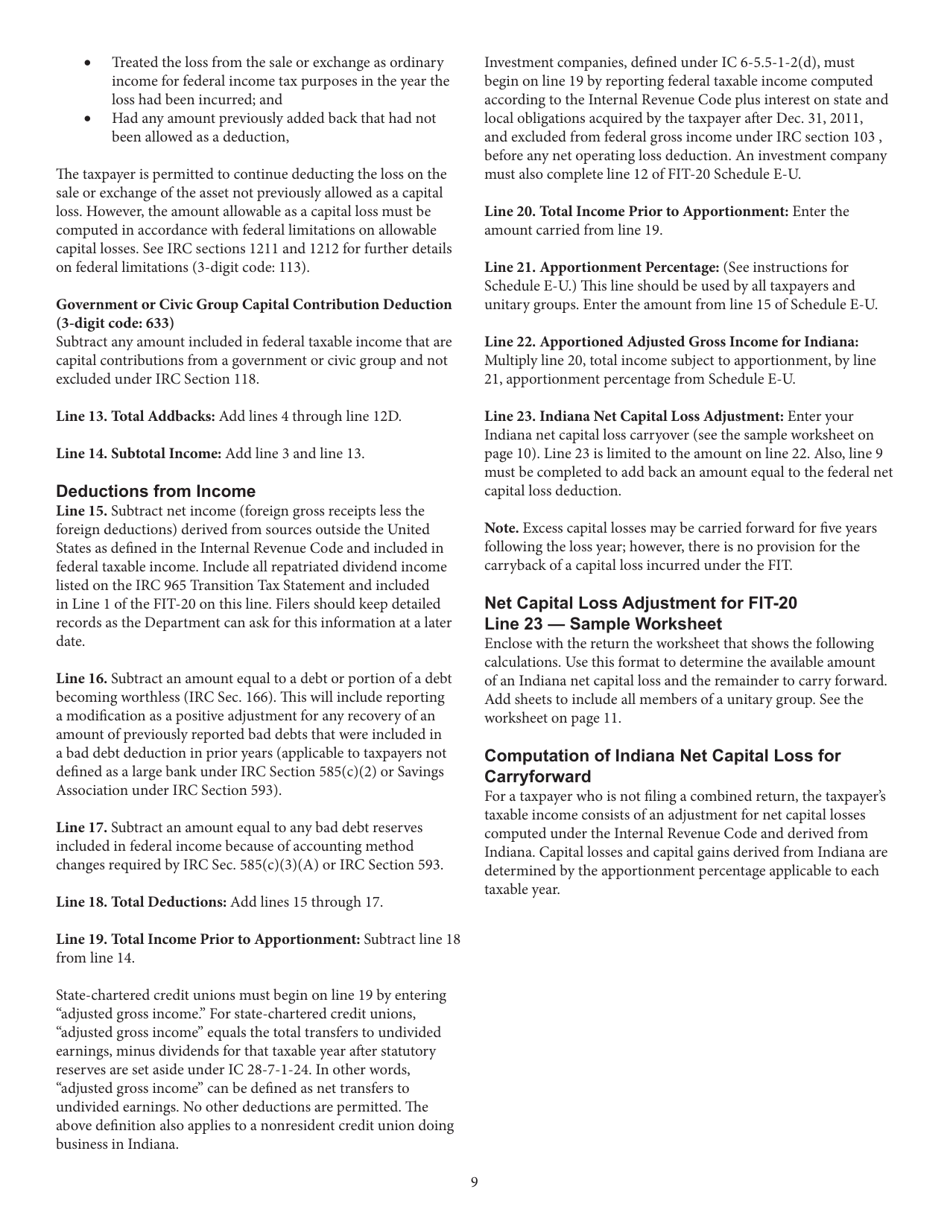 Instructions for Form FIT-20, State Form 44623 Financial Institution Tax Return - Indiana, Page 9