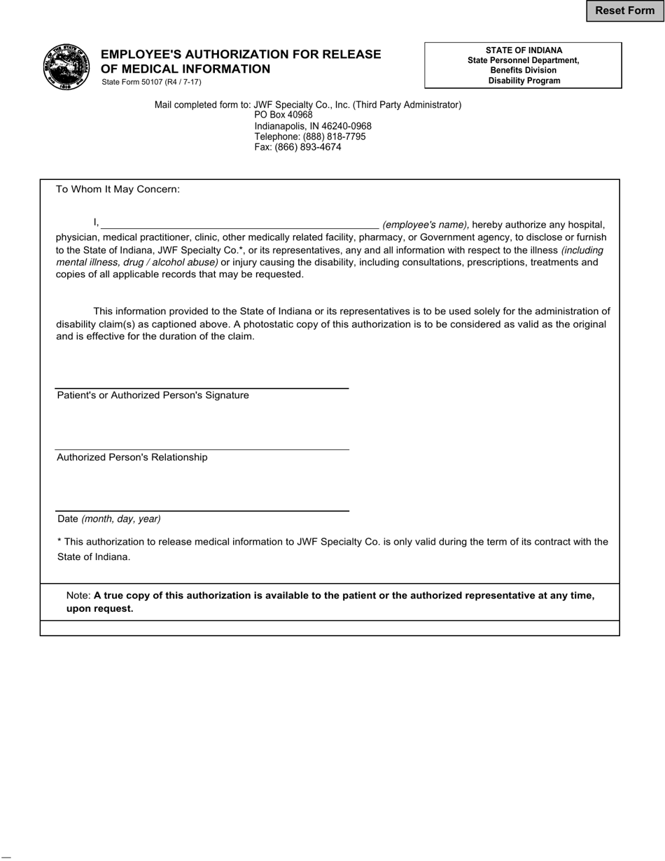 State Form 50107 Employees Authorization for Release of Medical Information - Indiana, Page 1