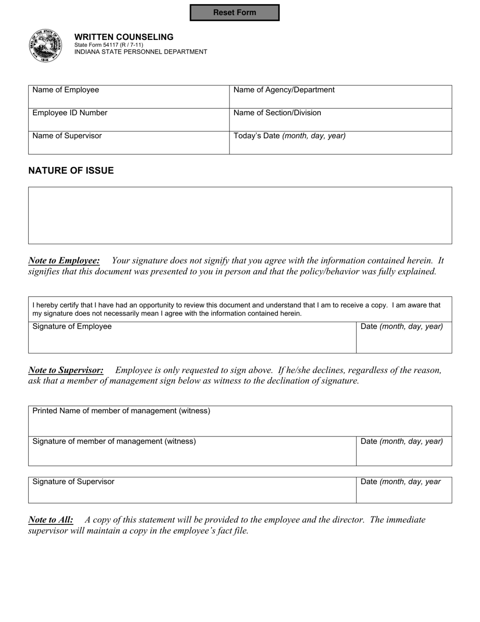 State Form 54117 Written Counseling - Indiana, Page 1