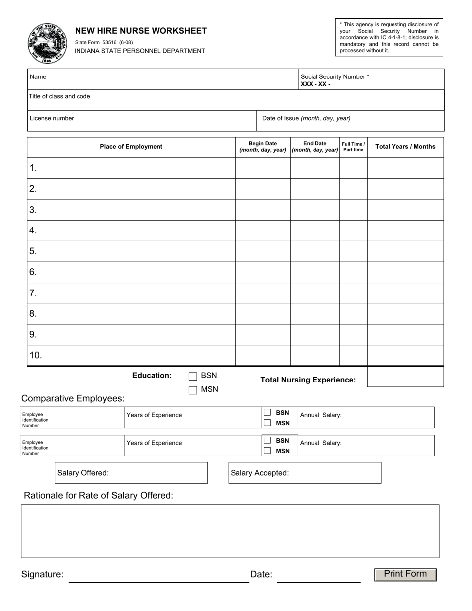 State Form 53516 New Hire Nurse Worksheet - Indiana, Page 1