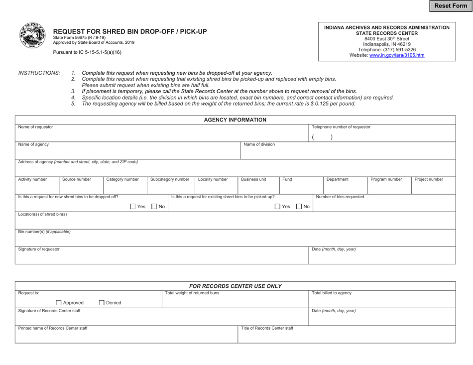 State Form 56675 Request for Shred Bin Drop-Off / Pick-Up - Indiana, Page 1