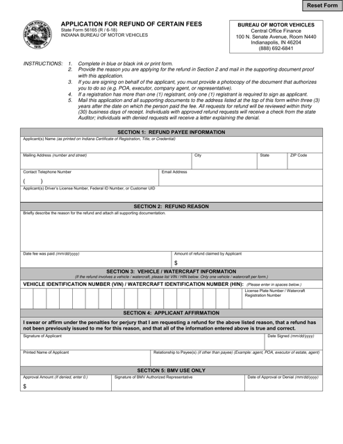 State Form 56165 Application for Refund of Certain Fees - Indiana