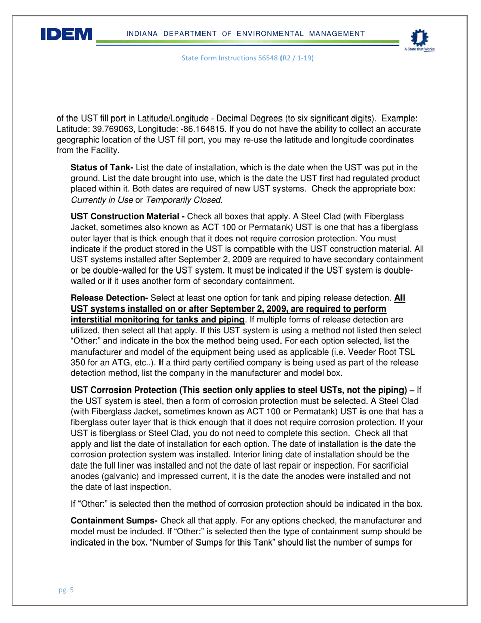 Instructions for State Form 56548 Initial Registration for Underground Storage Tank Systems - Indiana, Page 5