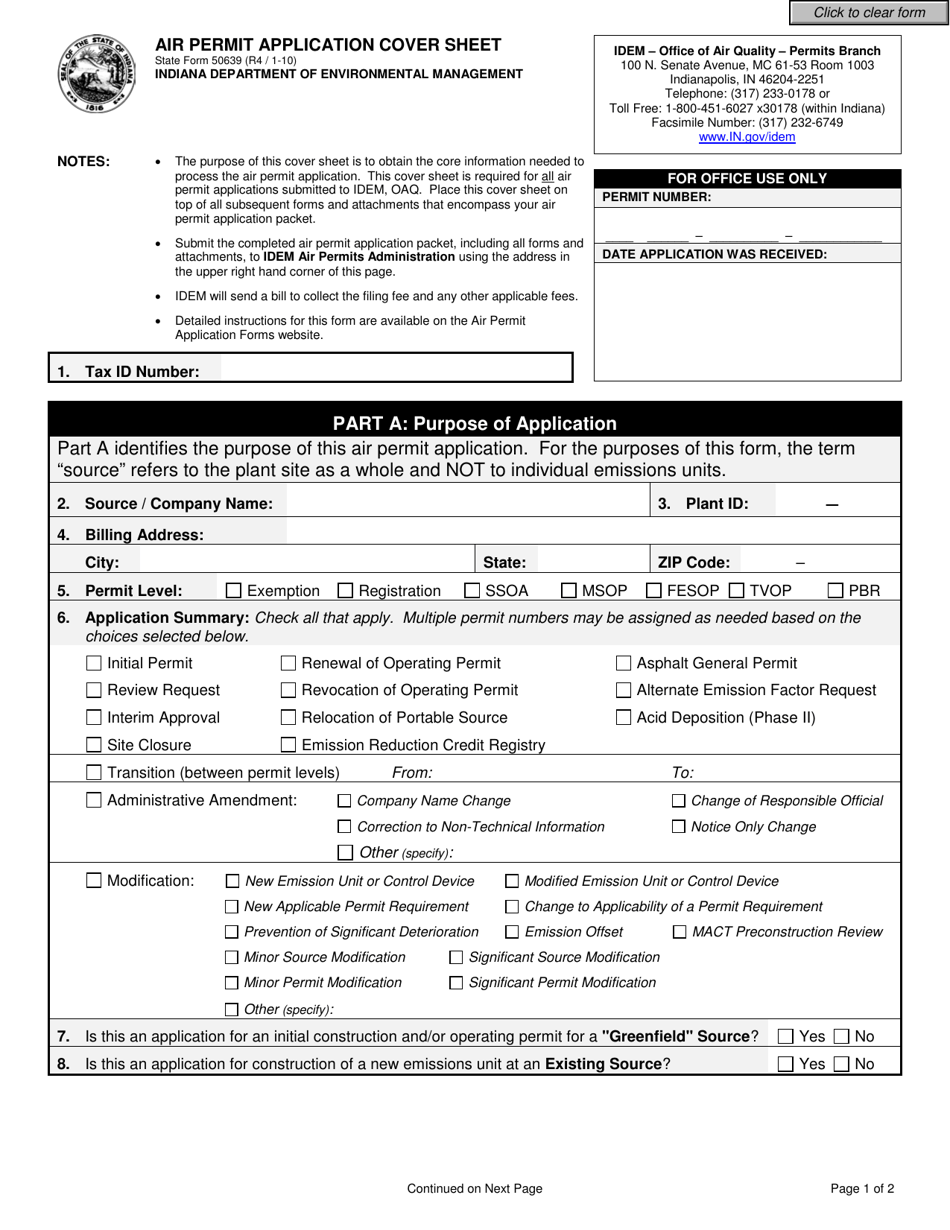 State Form 50639 Air Permit Application Cover Sheet - Indiana, Page 1