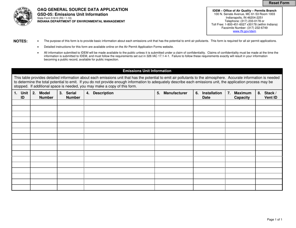 Form GSD-05 (State Form 51610) Oaq General Source Data Application - Emissions Unit Information - Indiana, Page 1