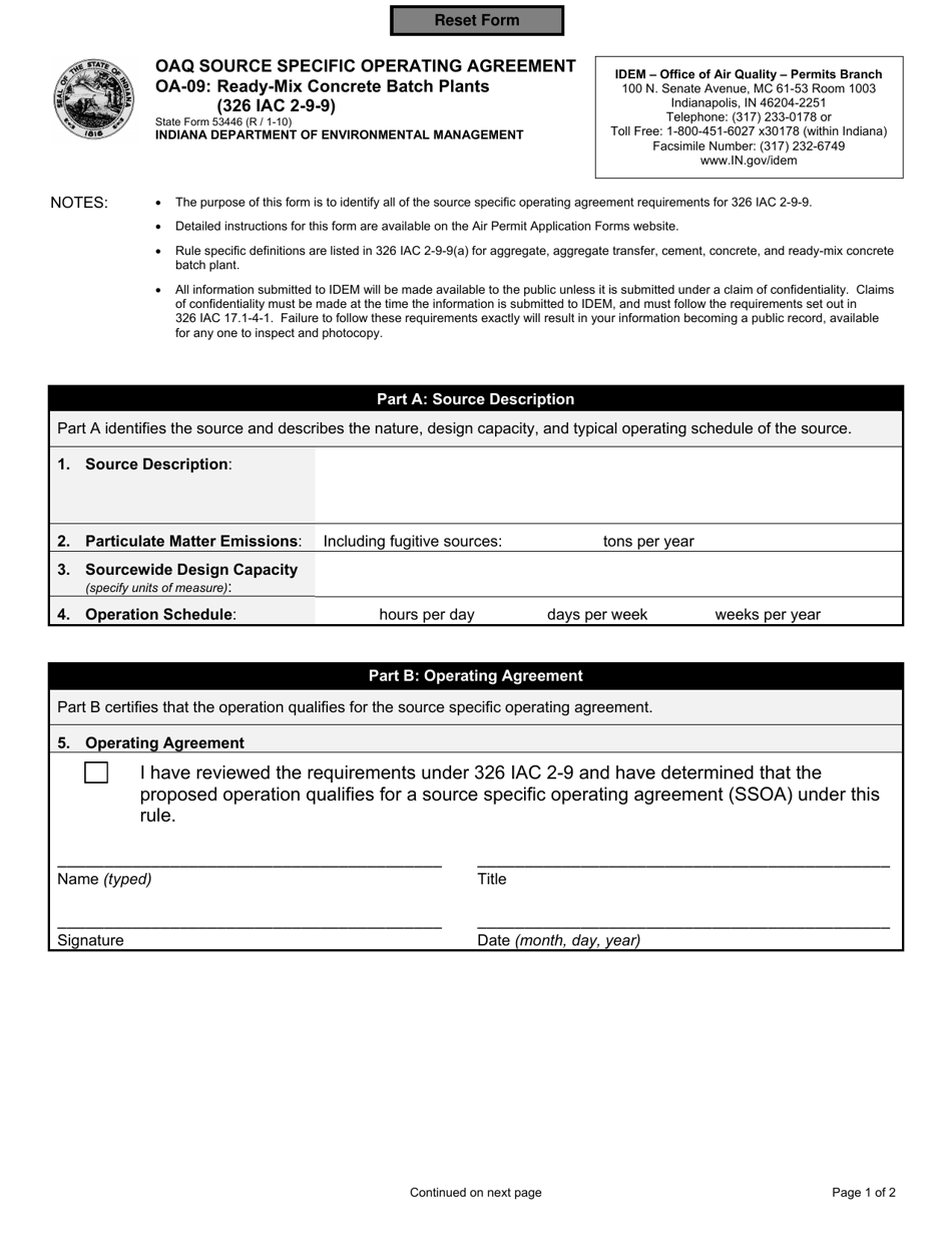 Form OA-09 (State Form 53446) Ready-Mix Concrete Batch Plants (326 Iac 2-9-9) - Indiana, Page 1
