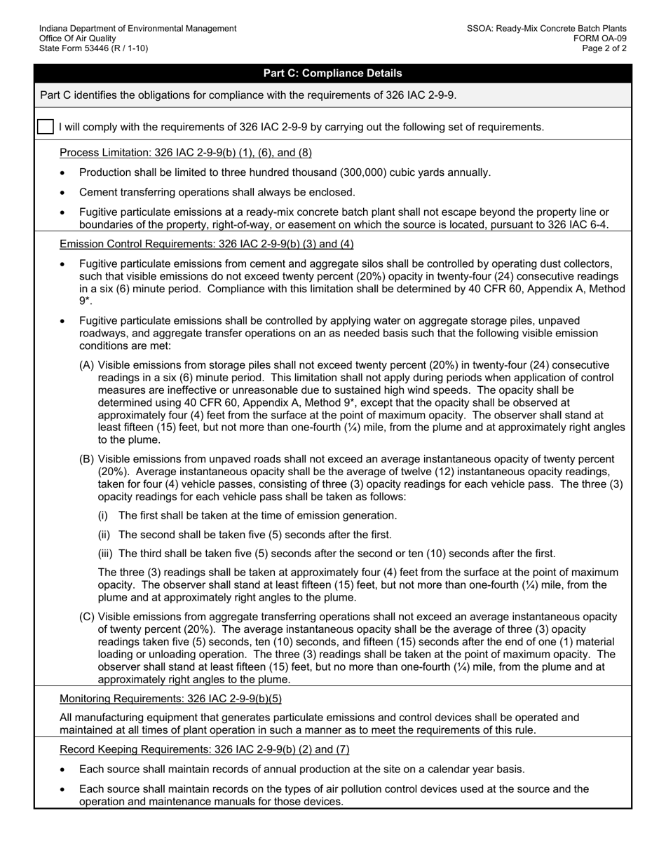 Form OA-09 (State Form 53446) Ready-Mix Concrete Batch Plants (326 Iac 2-9-9) - Indiana, Page 2