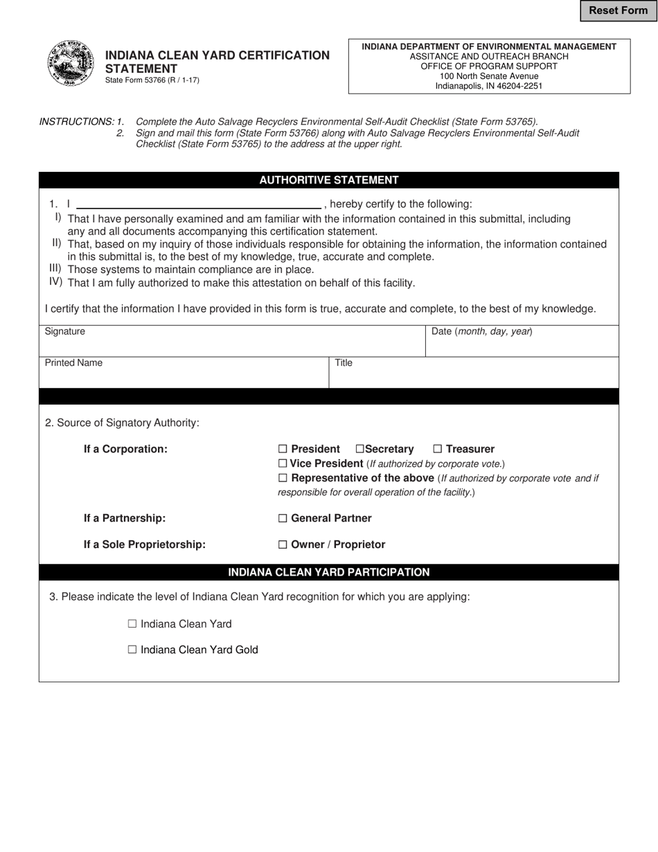 State Form 53766 Indiana Clean Yard Certification Statement - Indiana, Page 1