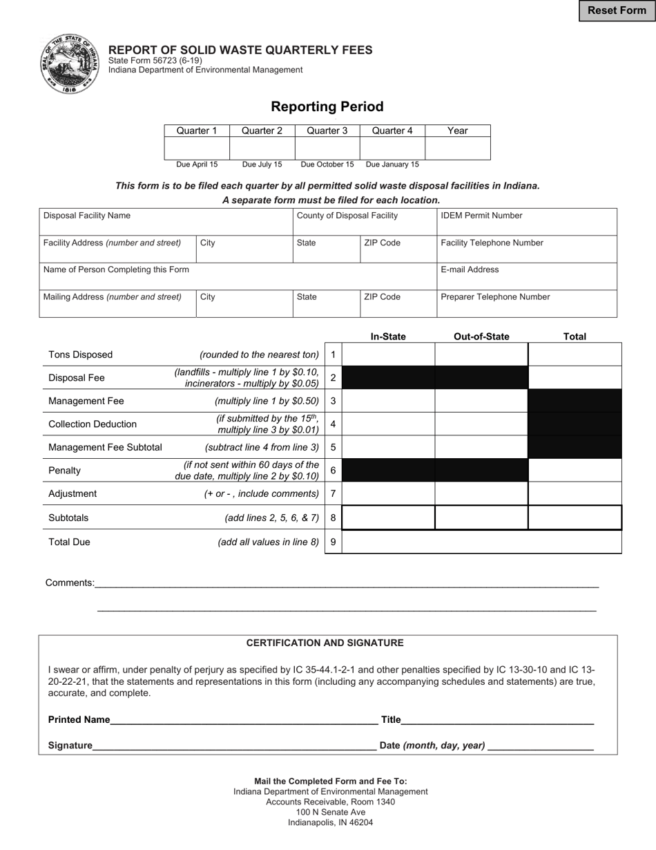 State Form 56723 Report of Solid Waste Quarterly Fees - Indiana, Page 1