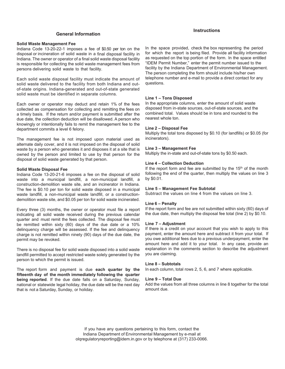 State Form 56723 Report of Solid Waste Quarterly Fees - Indiana, Page 2