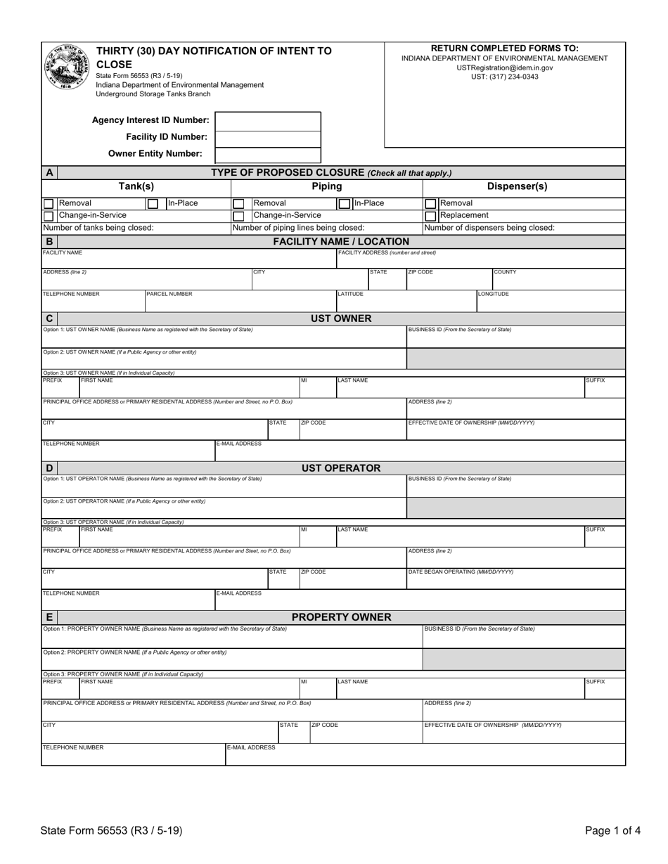 State Form 56553 Thirty (30) Day Notification of Intent to Close - Indiana, Page 1