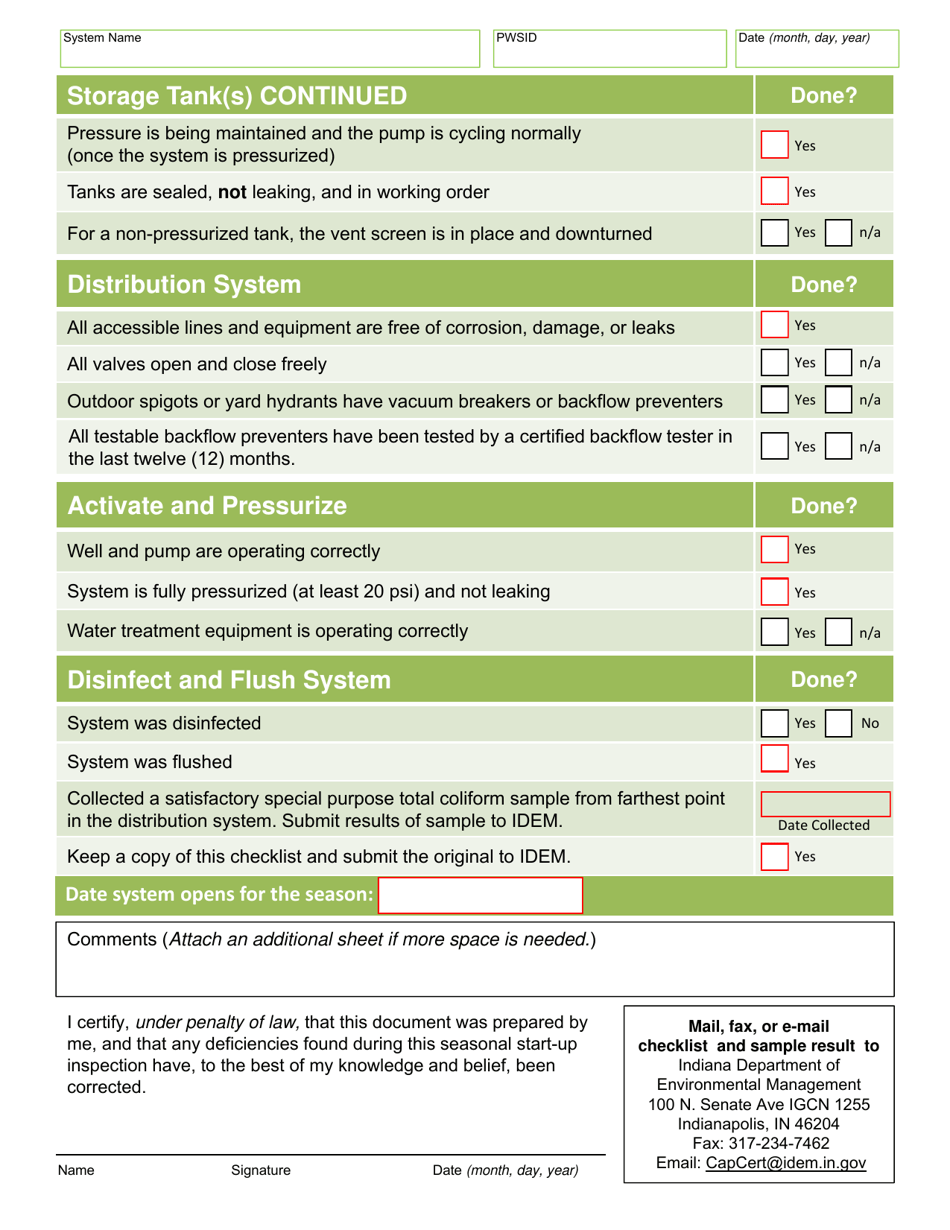 State Form 55927 Seasonal System Start-Up Requirements - Indiana, Page 2