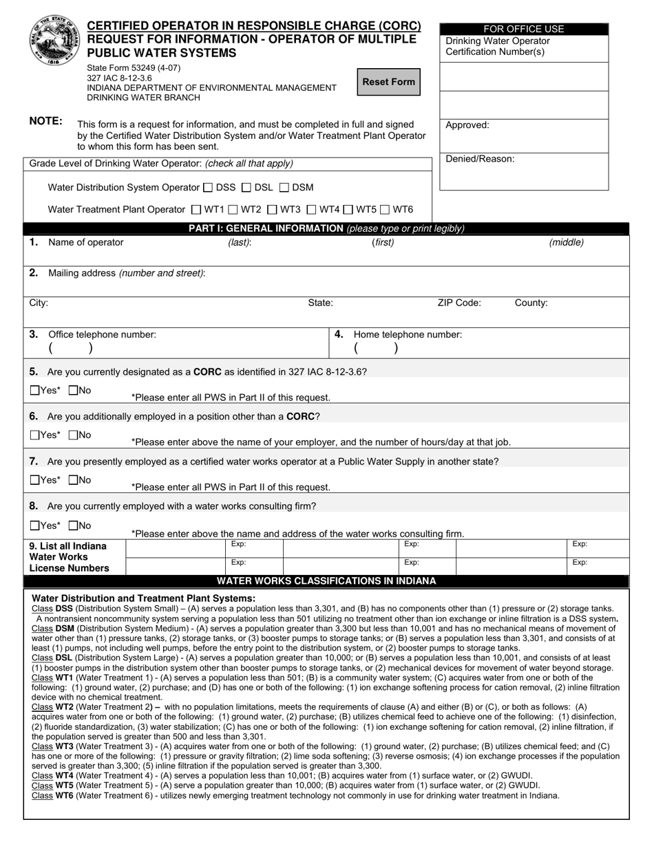 State Form 53249 Certified Operator in Responsible Charge (Corc) Request for Information - Operator of Multiple Public Water Systems - Indiana, Page 1