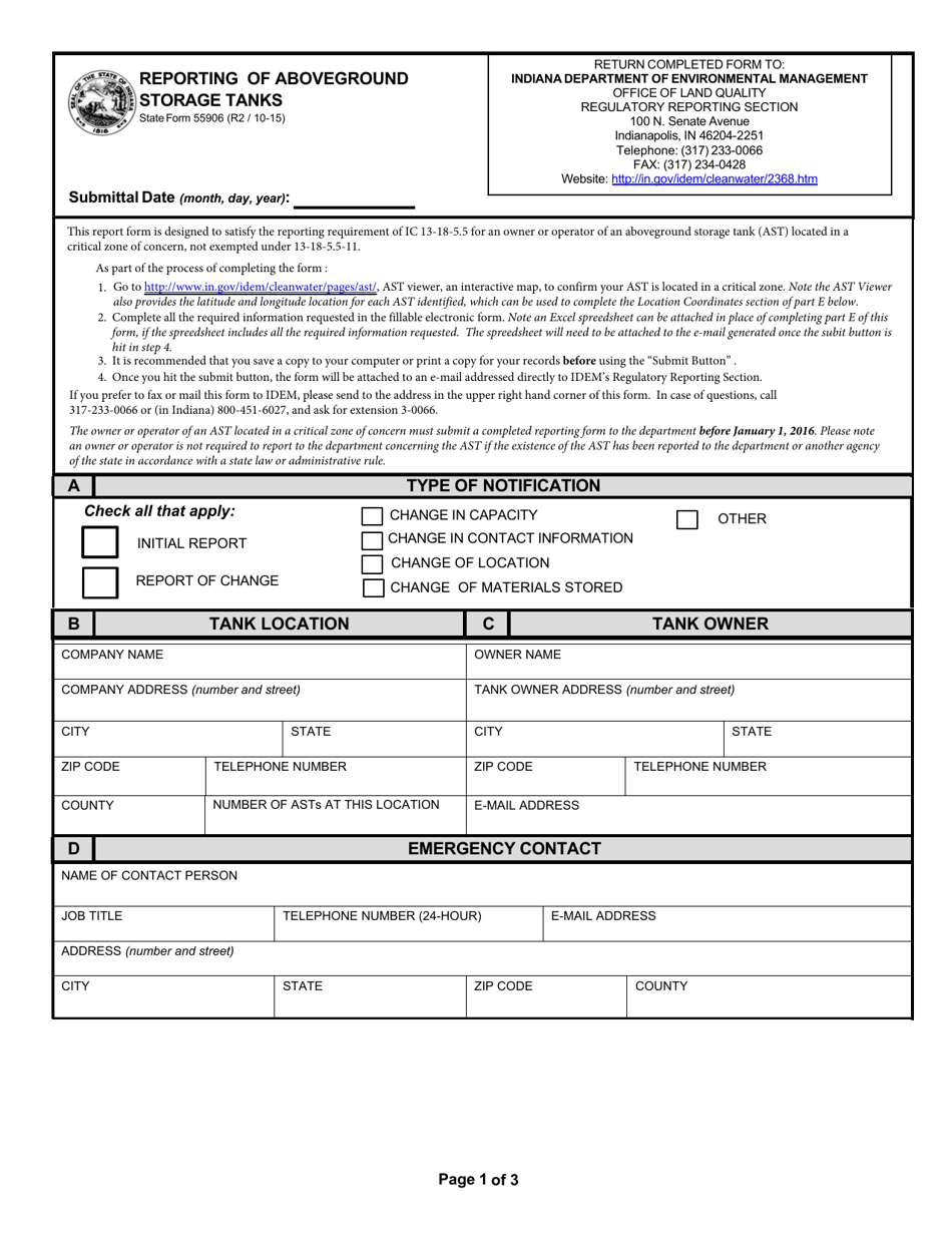 State Form 55906 Reporting of Aboveground Storage Tanks - Indiana, Page 1