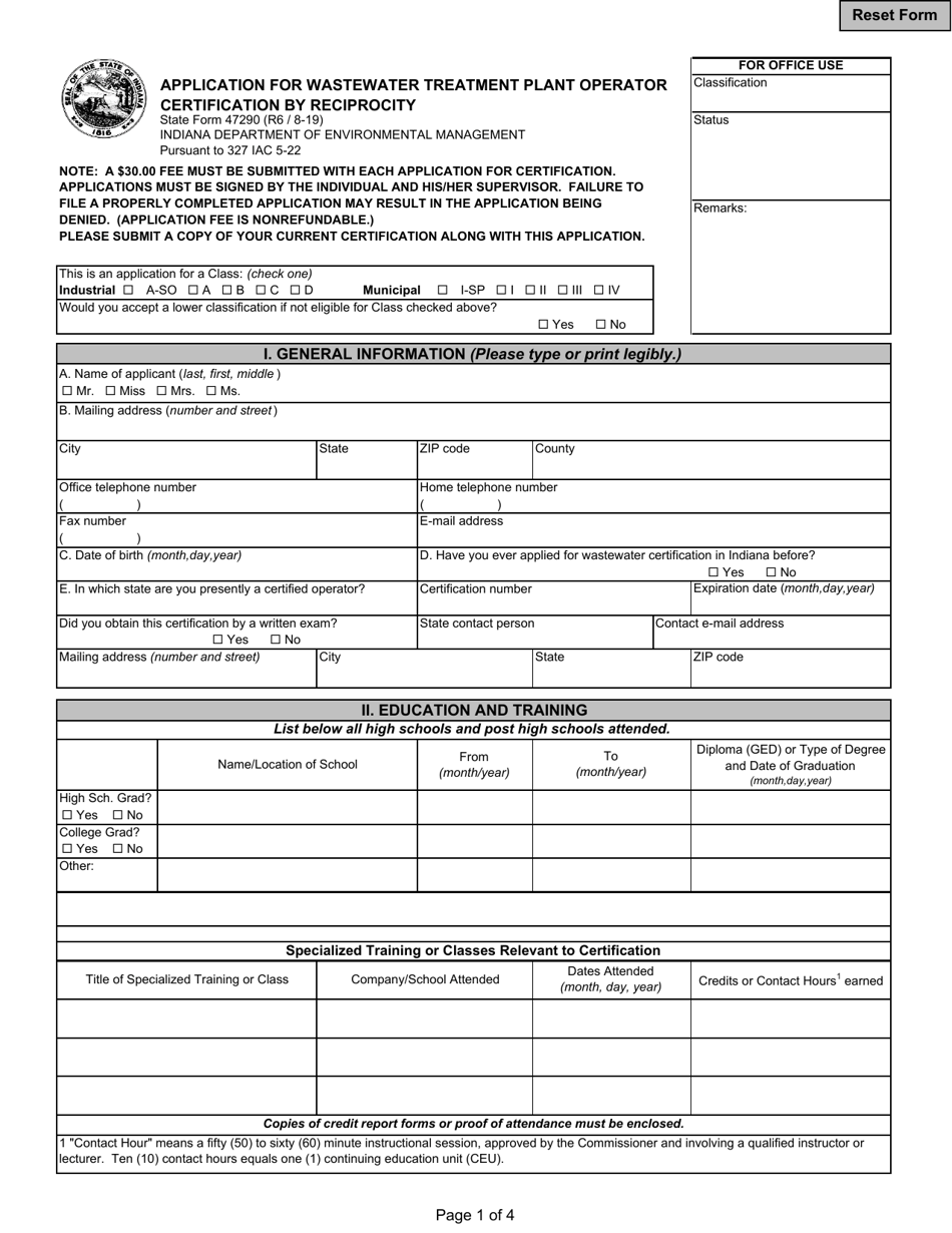 State Form 47290 Application for Wastewater Treatment Plant Operator Certification by Reciprocity - Indiana, Page 1