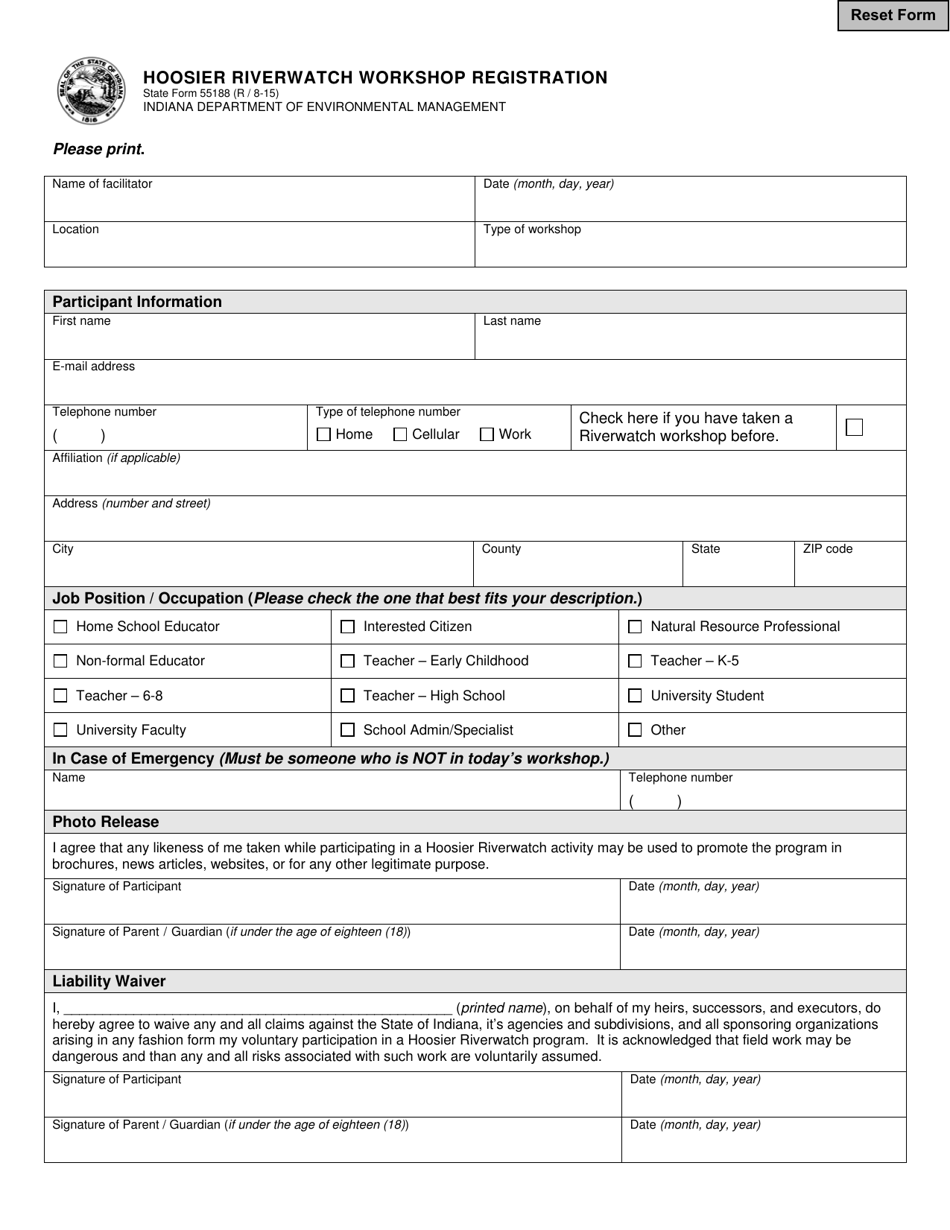 State Form 55188 Hoosier Riverwatch Workshop Registration - Indiana, Page 1