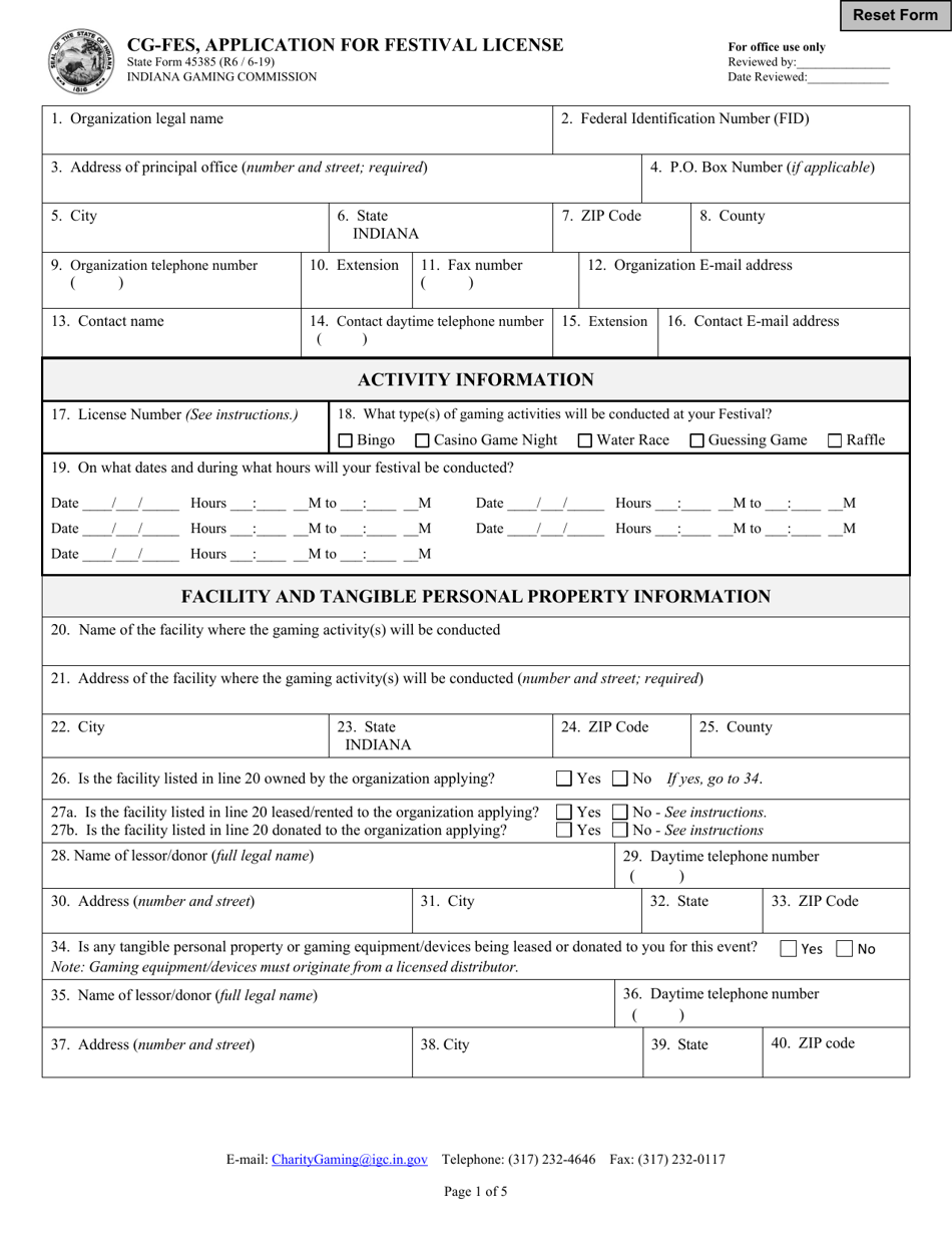 Form CG-FES (State Form 45385) Application for Festival License - Indiana, Page 1