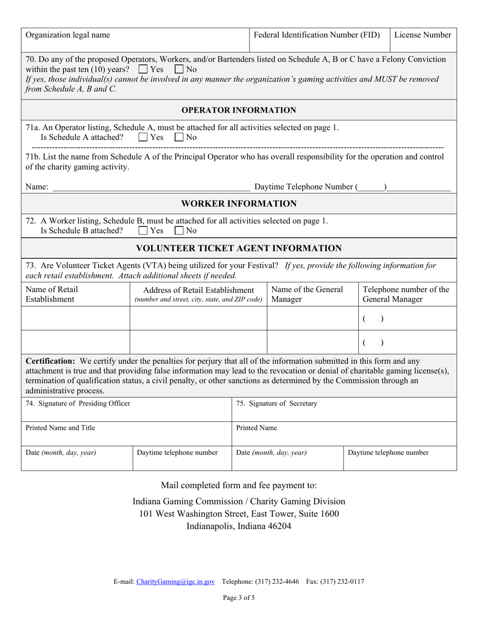 Form CG-FES (State Form 45385) Application for Festival License - Indiana, Page 3