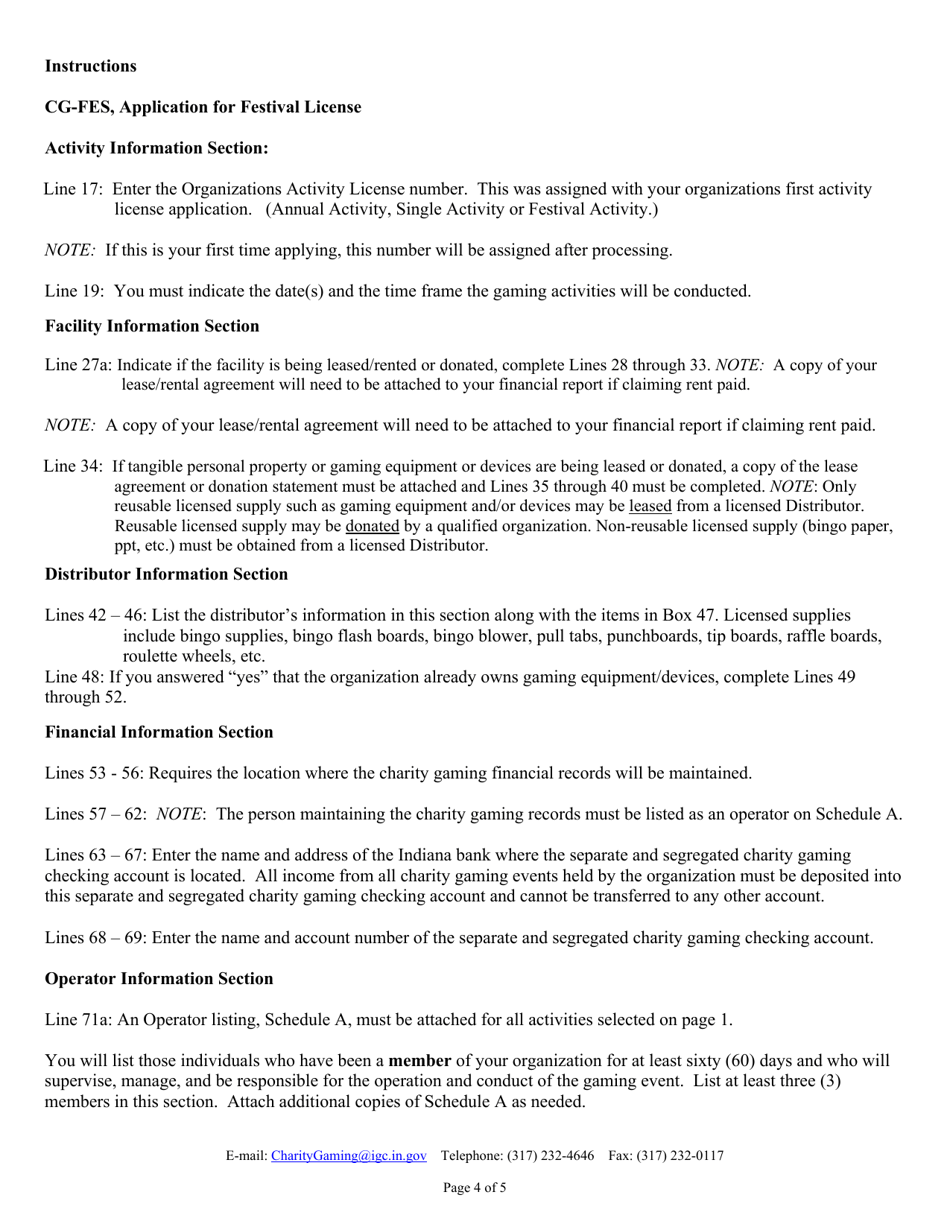 Form CG-FES (State Form 45385) Application for Festival License - Indiana, Page 4