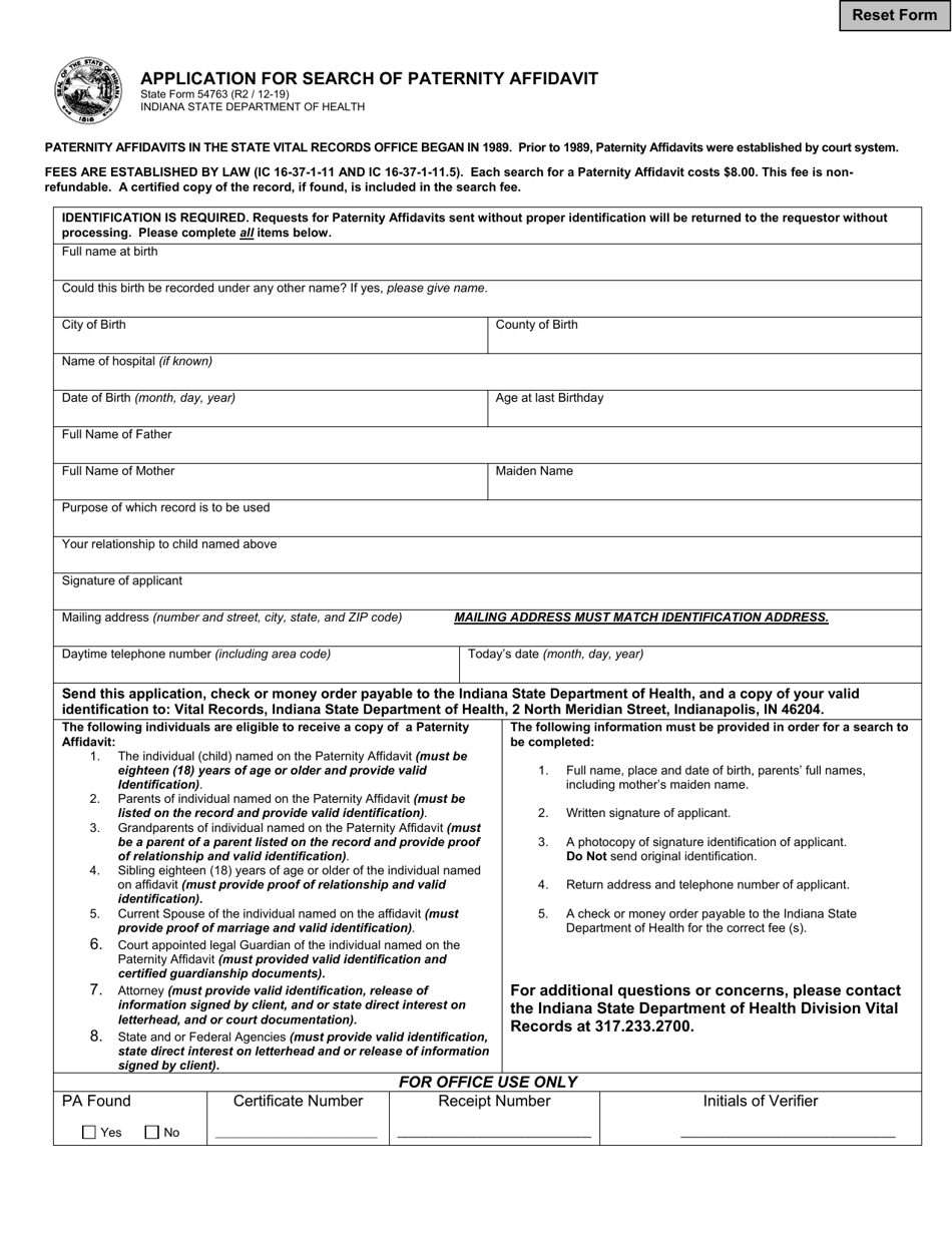 State Form 54763 Application for Search of Paternity Affidavit - Indiana, Page 1