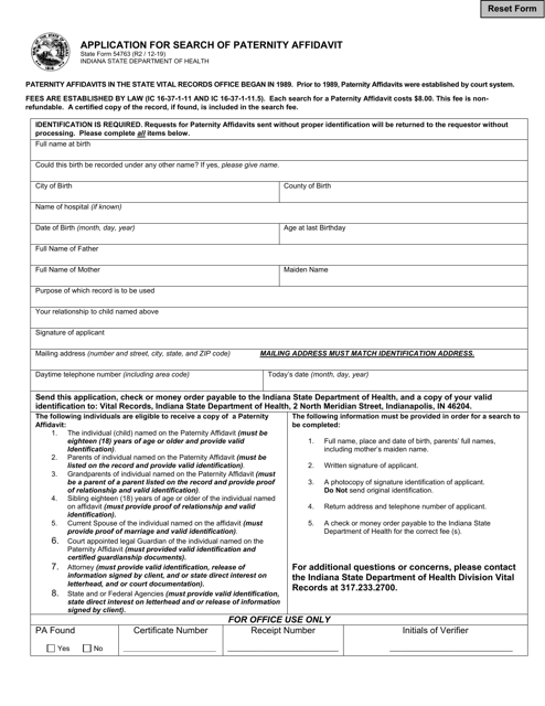 State Form 54763 Application for Search of Paternity Affidavit - Indiana