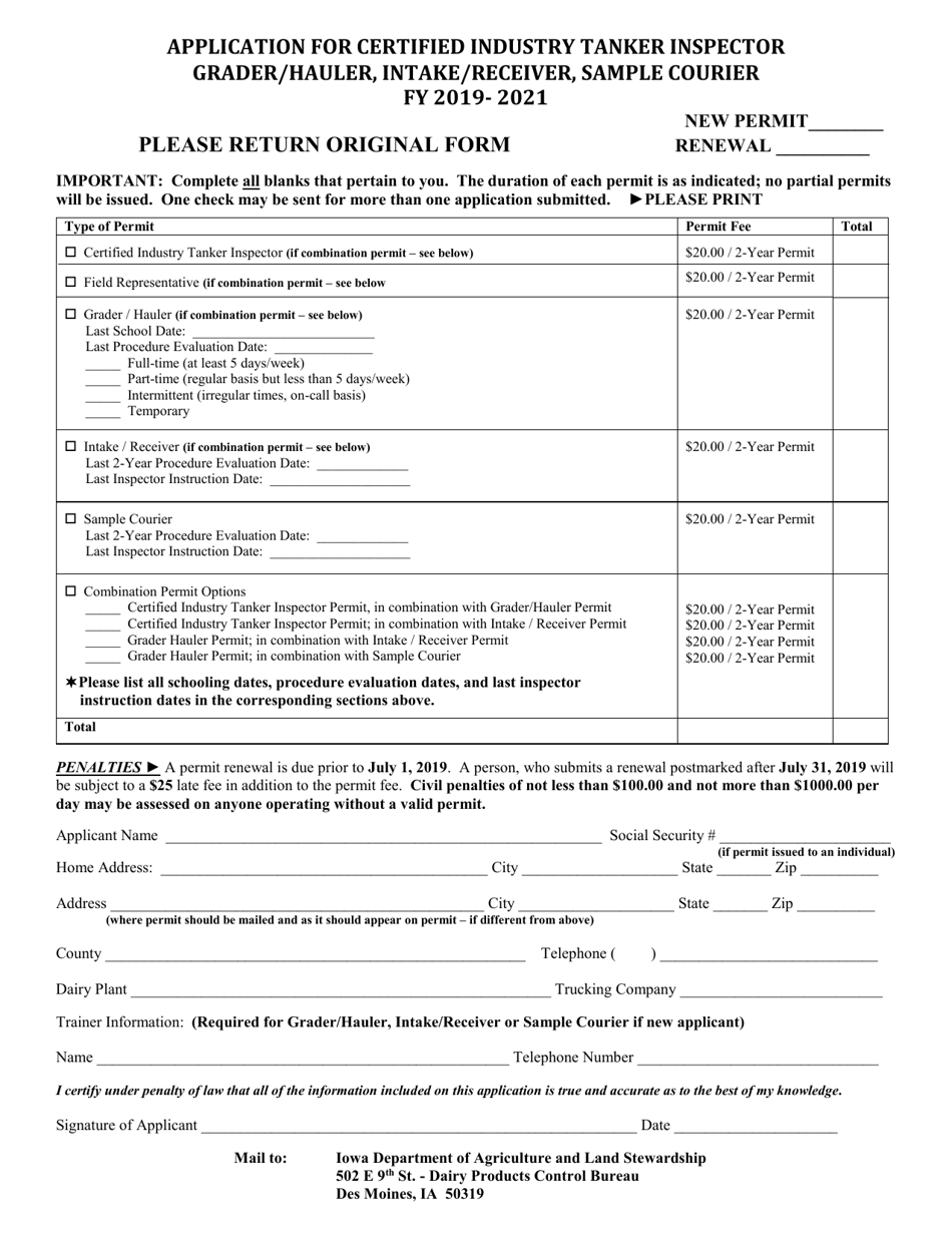 Application for Certified Industry Tanker Inspector Grader / Hauler, Intake / Receiver, Sample Courier - Iowa, Page 1