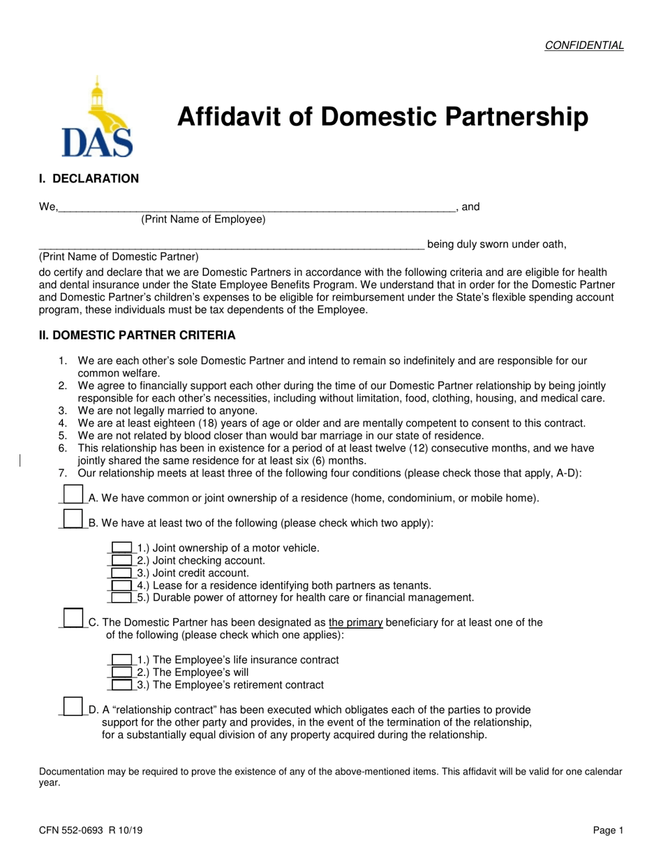 Form CFN552-0693 Affidavit of Domestic Partnership - Iowa, Page 1