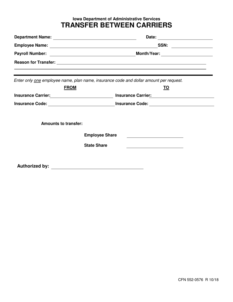 Form CFN552-0576 Transfer Between Carriers - Iowa, Page 1