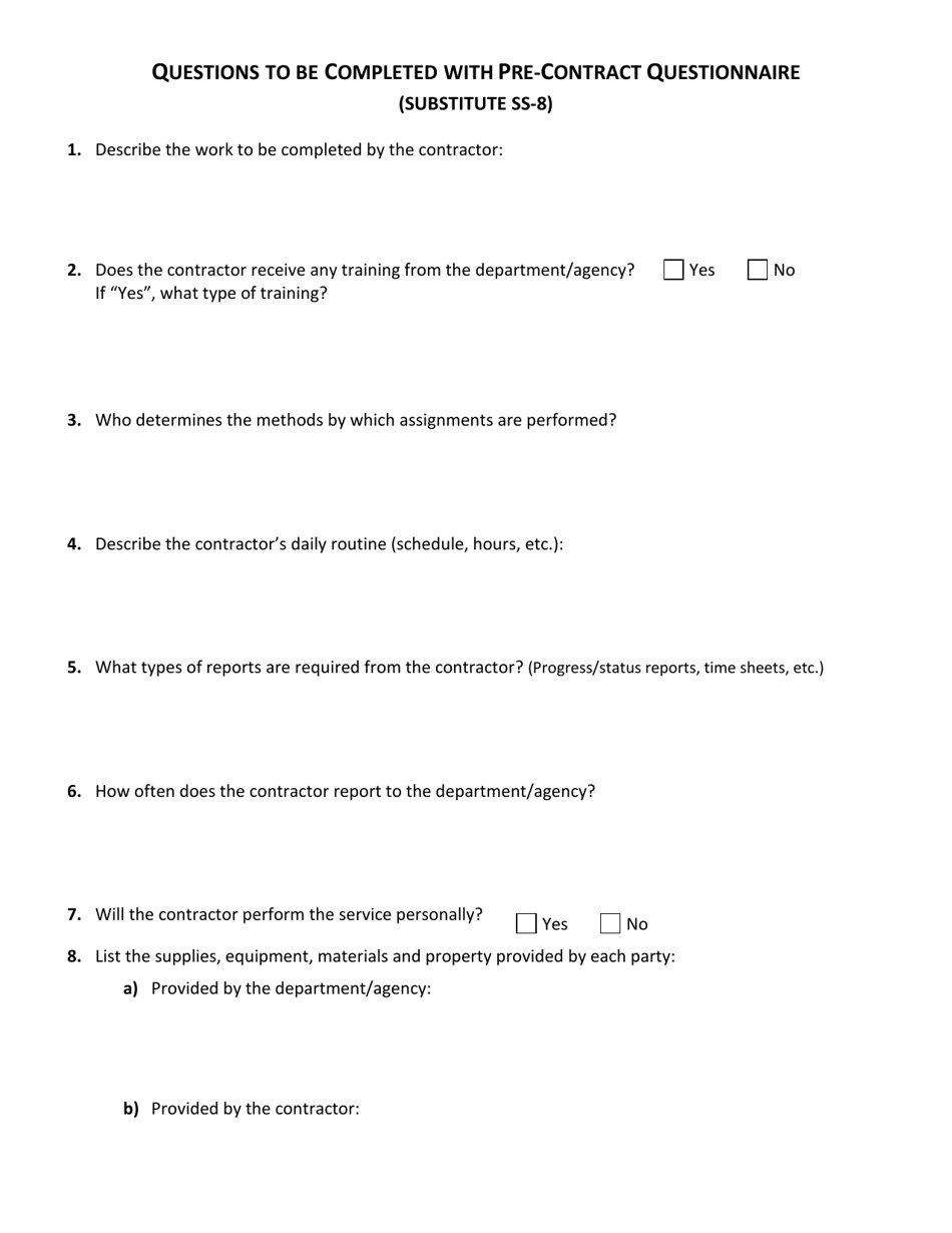 Questions to Be Completed With Pre-contract Questionnaire (Substitute Ss-8) - Iowa, Page 1