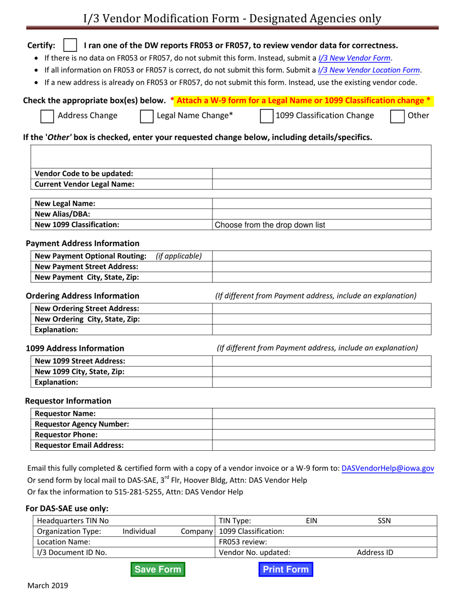 I / 3 Vendor Modification Form - Designated Agencies Only - Iowa, Page 1