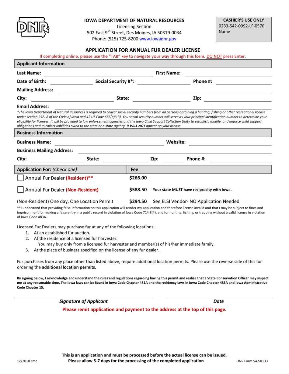 DNR Form 542-0133 Application for Annual Fur Dealer License - Iowa, Page 1