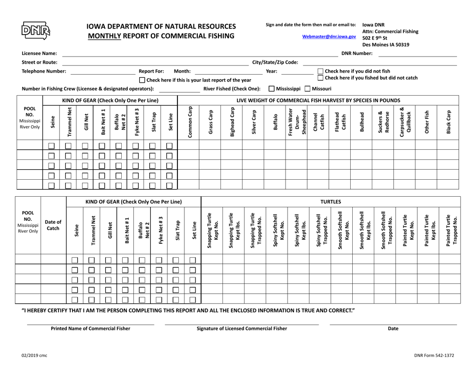 DNR Form 542-1372 Monthly Report of Commercial Fishing - Iowa, Page 1