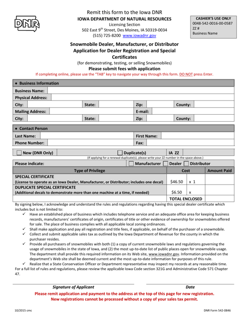 DNR Form 542-0846 Snowmobile Dealer, Manufacturer, or Distributor Application for Dealer Registration and Special Certificates - Iowa