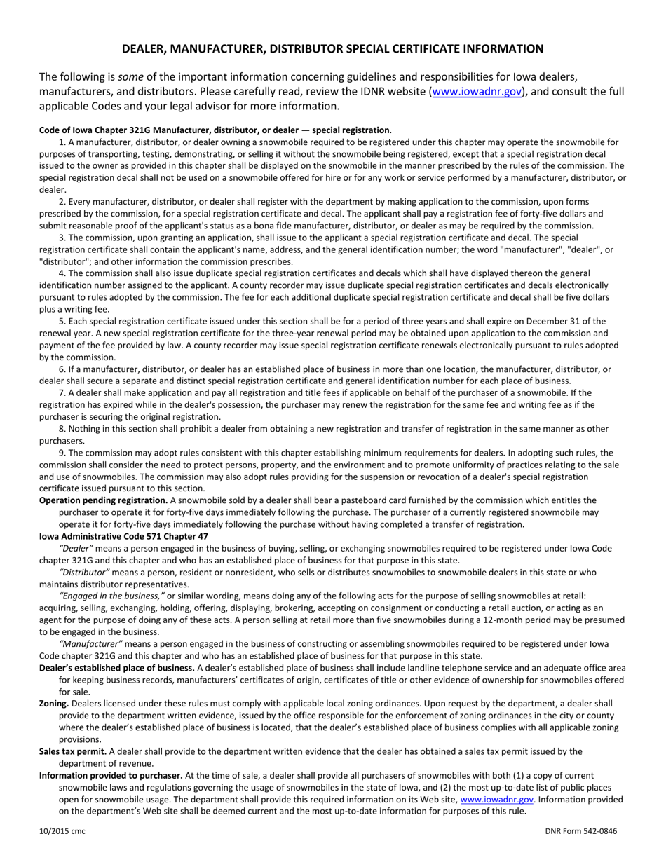 DNR Form 542-0846 Snowmobile Dealer, Manufacturer, or Distributor Application for Dealer Registration and Special Certificates - Iowa, Page 2