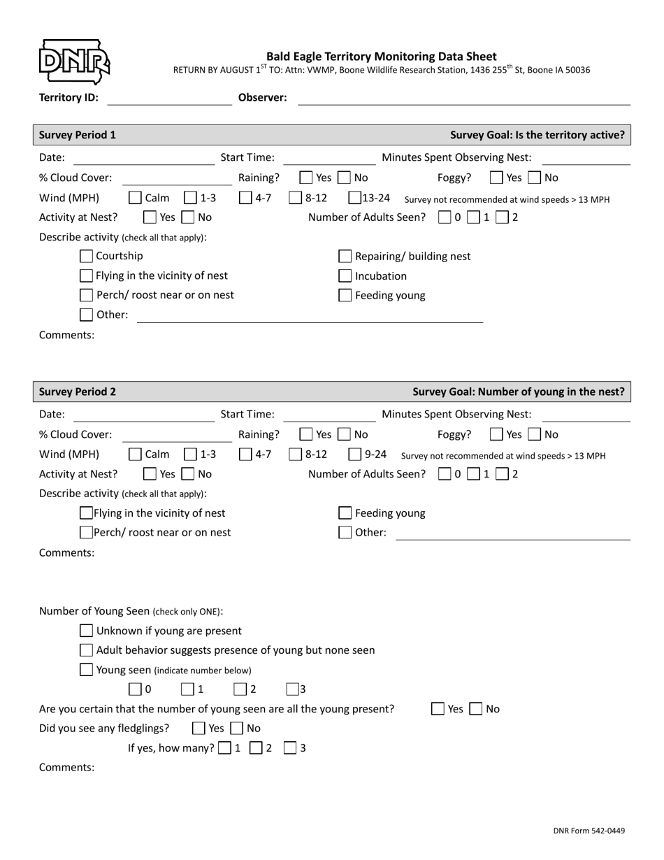 DNR Form 542-0449 Bald Eagle Territory Monitoring Data Sheet - Iowa, Page 1