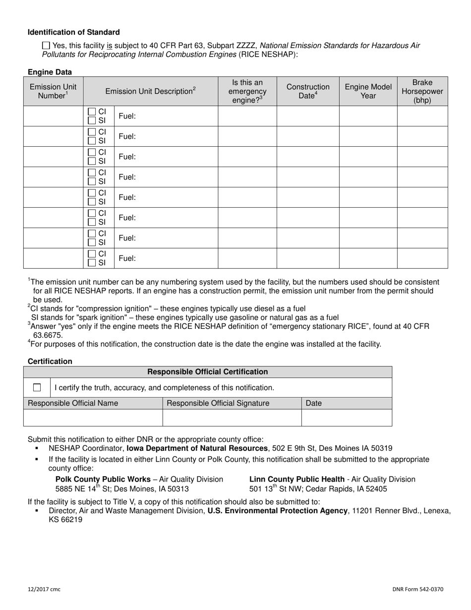 DNR Form 542-0370 Initial Notification for Compression Ignition (Ci) and Spark Ignition (Si) Engines - Iowa, Page 2