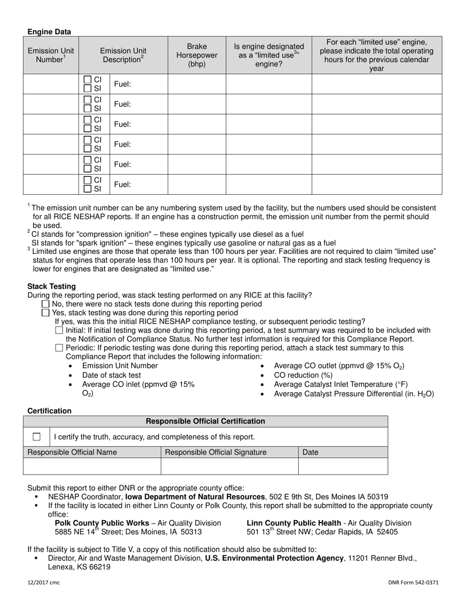 DNR Form 542-0371 Annual / Semi-annual Compliance Report for Compression Ignition (Ci) and Spark Ignition (Si) Engines - Iowa, Page 2